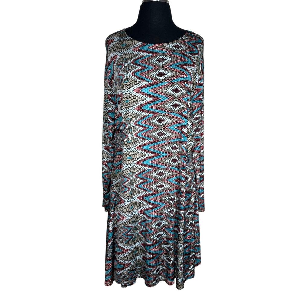 MISA Los Angeles Prism Print Slinky Swing Dress Long Sleeve Sz 2X Southwestern